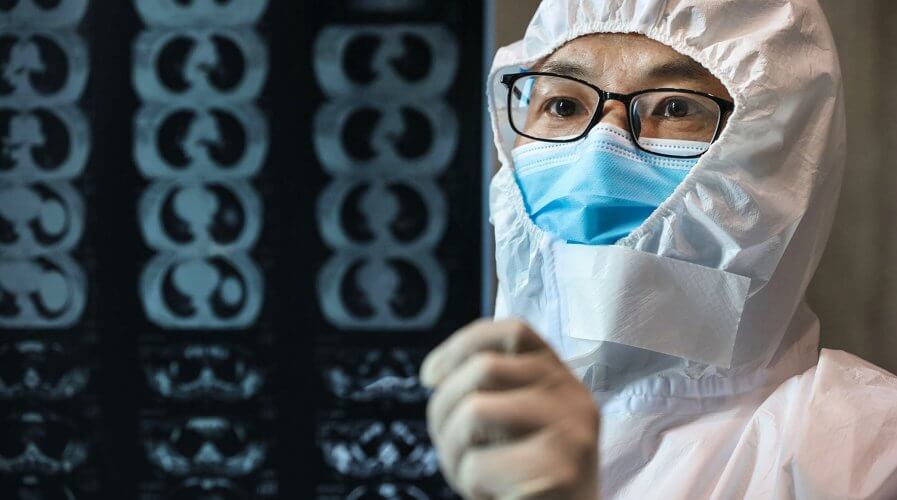 A doctor looking at a lung CT image at a hospital in Hubei province.