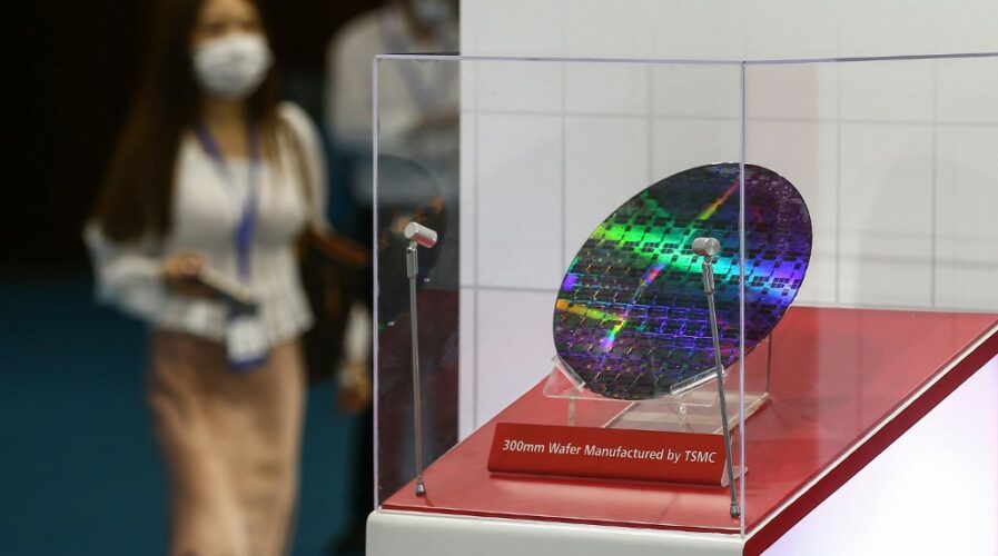 A chip by Taiwan Semiconductor Manufacturing Company (TSMC) at the 2020 World Semiconductor Conference in Nanjing, China
