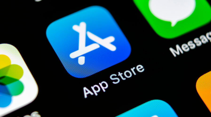 Apple store application icon on Apple iPhone X smartphone screen close-up. Mobile application icon of app store. Social network. AppStore