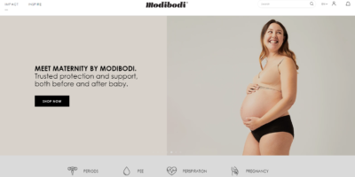 A screenshot of Australian Femtech e-Commerce site, Modibodi. Modibodi develops and sells period and leak-proof apparel for people who not just menstruate, but who also give birth, or have incontinence issues.