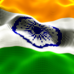 Abstract glowing particle wavy surface with India flag texture. 3D illustration
